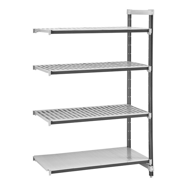 A metal Camshelving unit with 4 shelves.