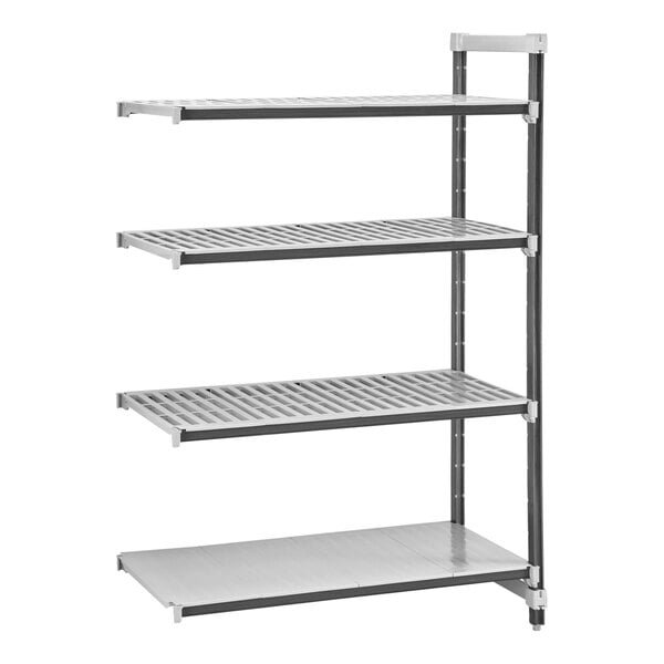 A Cambro Camshelving® Elements XTRA 4-Shelf Combo Add-On Unit with 4 shelves.