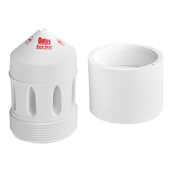 A white plastic Oatey air admittance valve with red text.