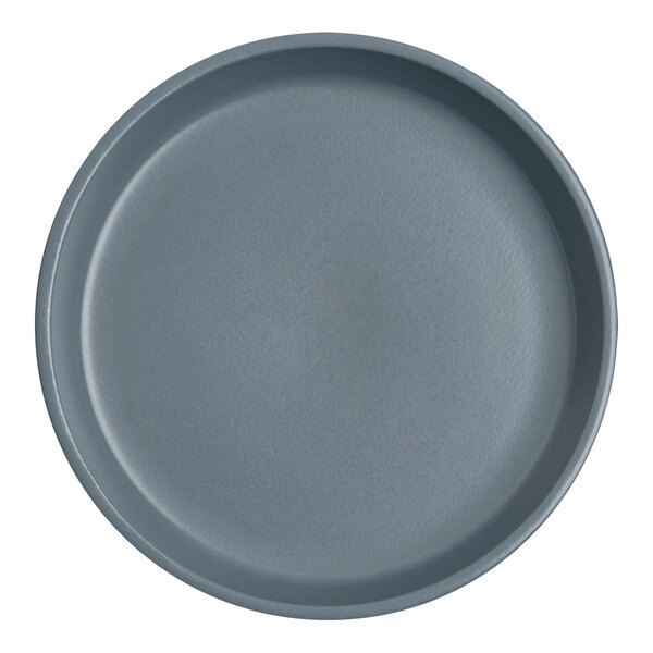 A close-up of a Santa Anita Reflections slate stoneware plate with a round rim.
