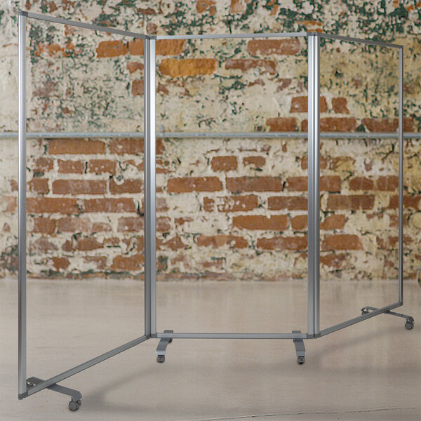 Flash Furniture Raisley 72 1/8" x 106 1/2" Clear Acrylic Mobile Room Divider with 3 Panels and