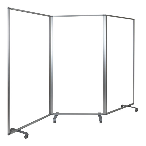 A clear acrylic three-sided room divider with lockable casters.