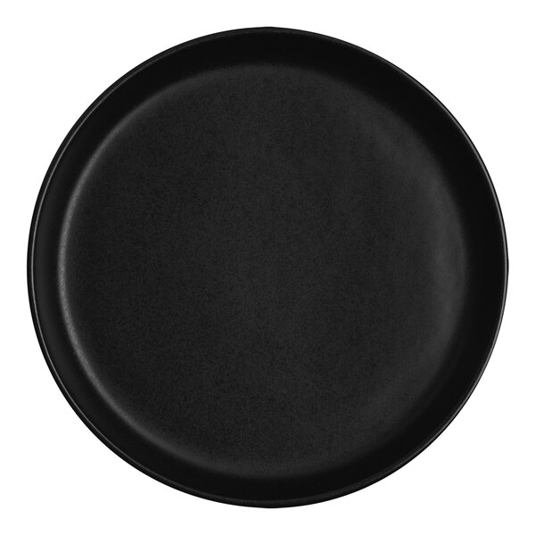 A close-up of a black Santa Anita Reflections onyx stoneware plate.