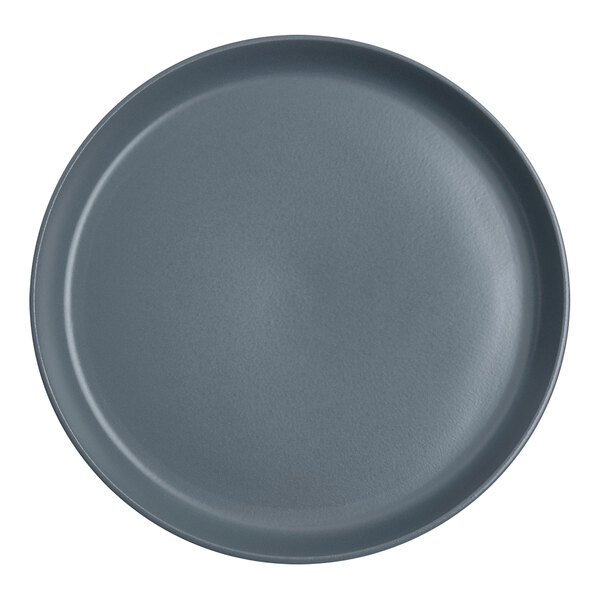 A close-up of a grey round Santa Anita Reflections slate stoneware plate.