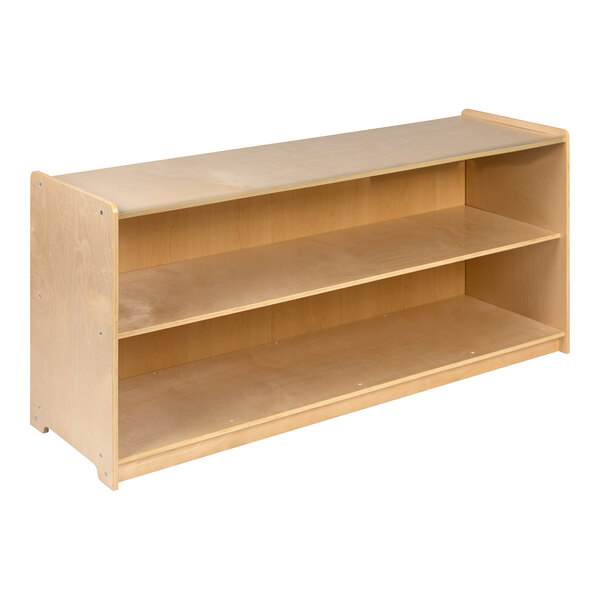 A Flash Furniture wooden classroom storage cabinet with two shelves inside.
