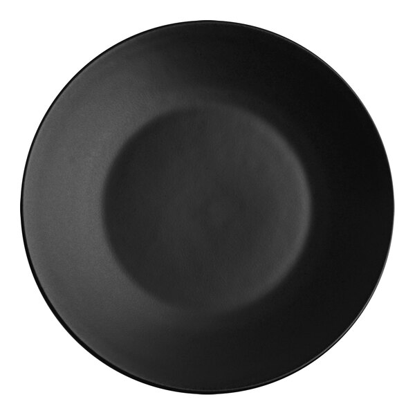 A black Santa Anita stoneware coupe plate with a circle in the middle.
