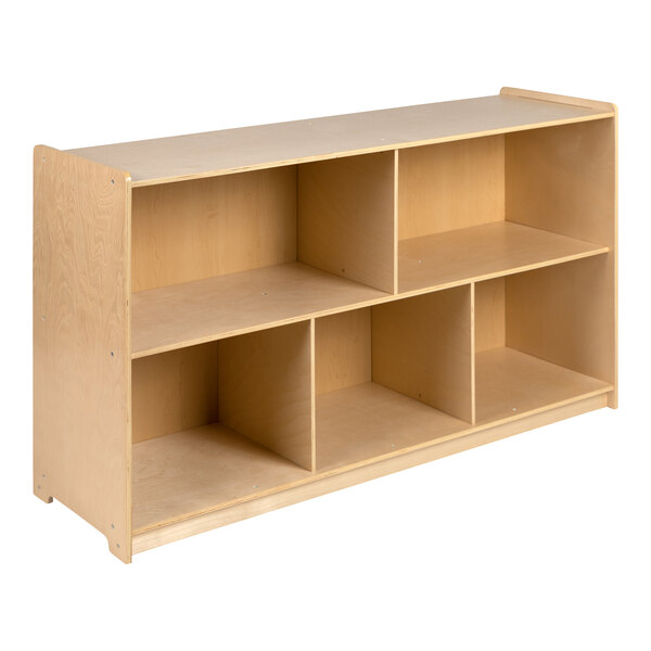 A wooden storage cabinet with five shelves.