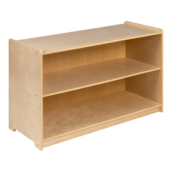 A Flash Furniture wooden classroom storage cabinet with two shelves.