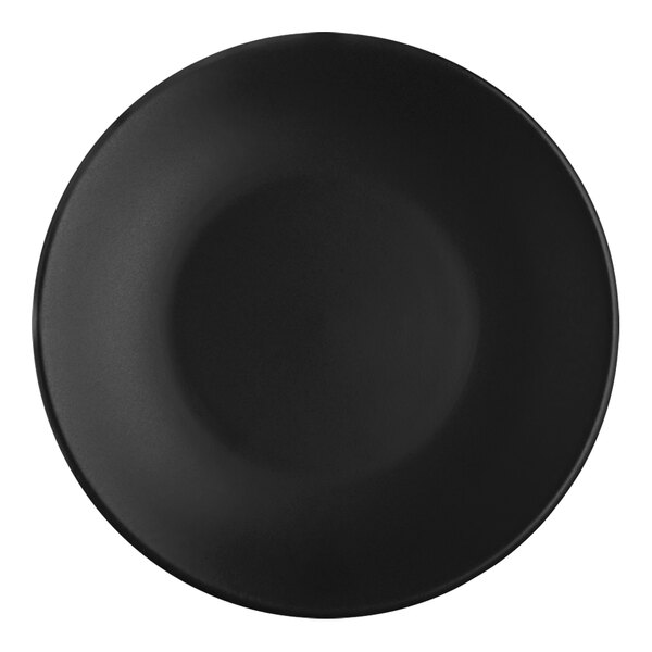 A close-up of a black Santa Anita Reflections onyx stoneware coupe plate.