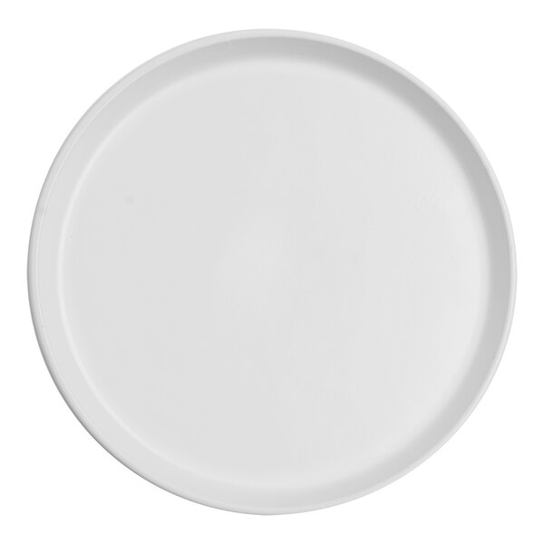 A close up of a Santa Anita Reflections white stoneware plate with a round rim.