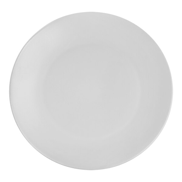A white Santa Anita Reflections stoneware coupe plate with a white rim.