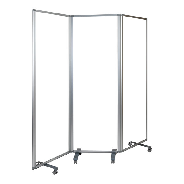 A clear acrylic room divider with lockable casters.