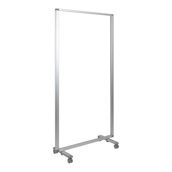 A grey metal bar with wheels and a clear acrylic rectangular frame.