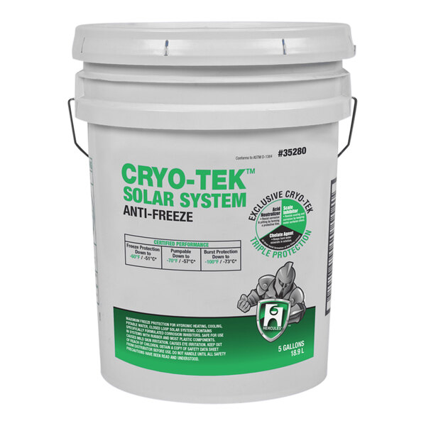 A white bucket of Hercules Cryo-Tek solar system antifreeze with green text.