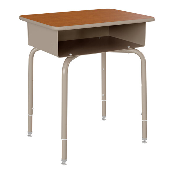 A Flash Furniture student desk with a walnut shelf and silver legs.