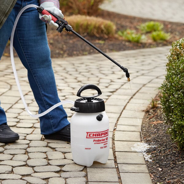 A person using a Chapin Pro Series XP multi-purpose sprayer to clean a sidewalk.