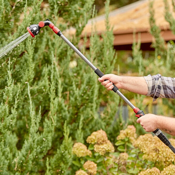 A person holding a Chapin telescopic watering wand to water plants.