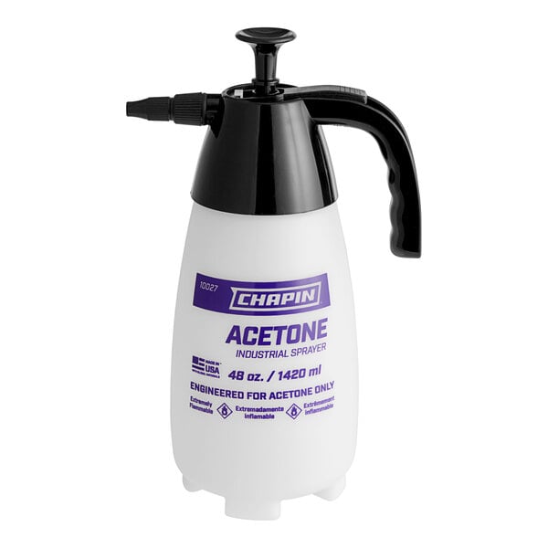 A white and black Chapin Industrial Acetone Staining pump sprayer with a black handle.