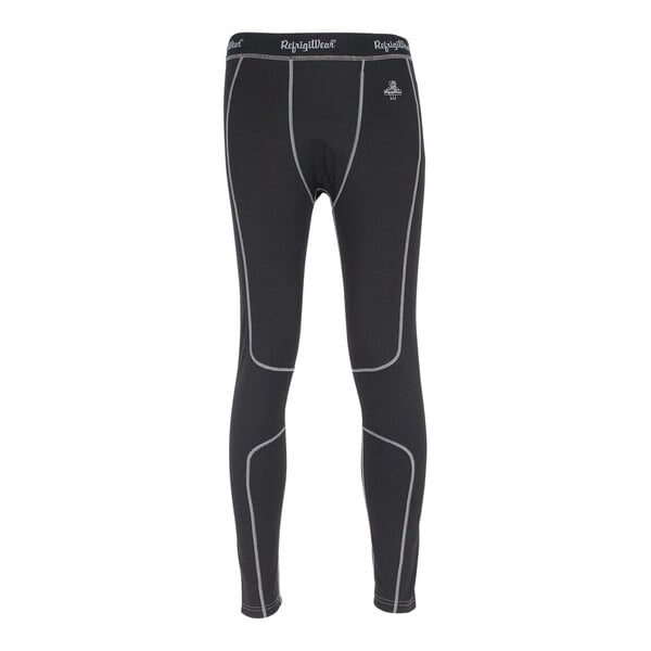 A pair of black RefrigiWear mid layer bottoms with white lines.