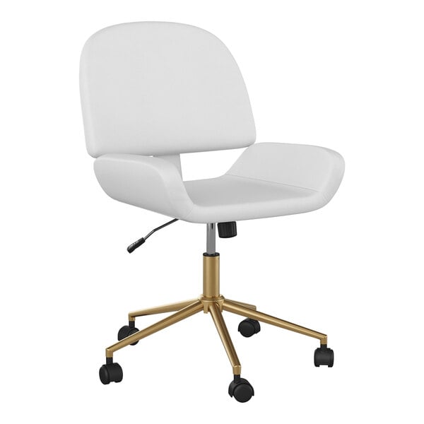 A Martha Stewart Tyla white faux leather office chair with gold legs.