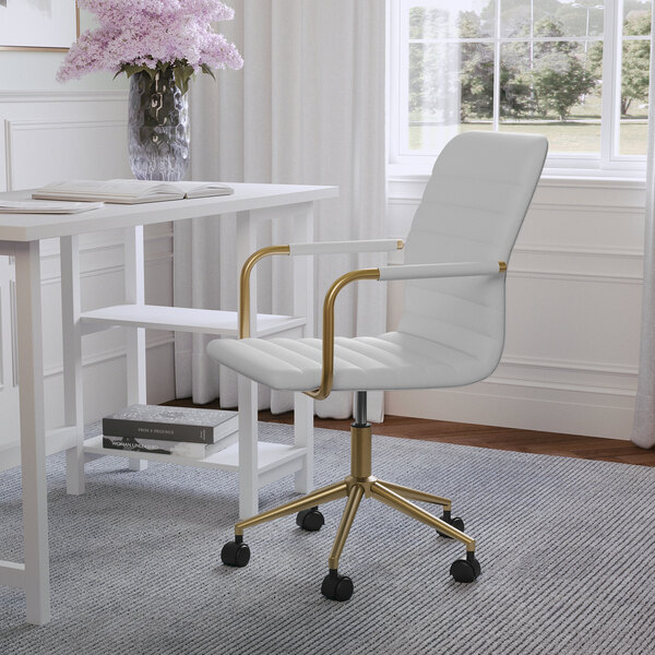 Martha Stewart Taytum White Faux Leather Swivel Office Chair with Polished Brass Finish
