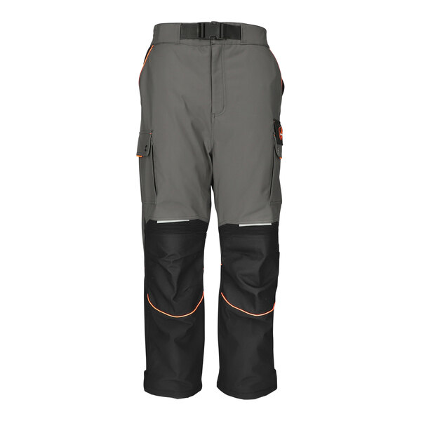 A pair of black and grey RefrigiWear insulated pants with black and orange trims.