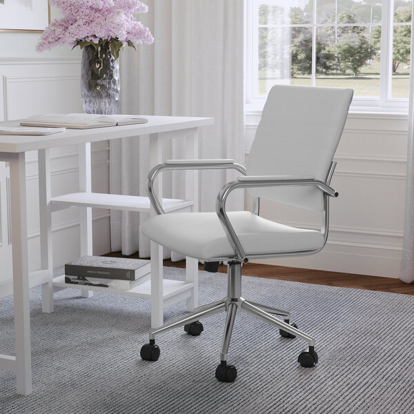 Martha Stewart Piper White Faux Leather Swivel Office Chair with Polished Nickel Finish