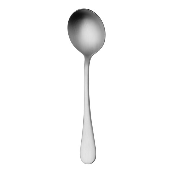 A close-up of a RAK Youngstown Kampton stainless steel round bowl soup spoon with a silver handle.