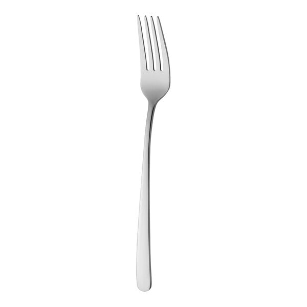 A close-up of a Sola the Netherlands stainless steel salad/dessert fork with a white handle.