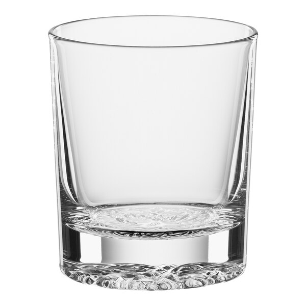 A clear Spiegelau Lounge rocks glass with a patterned rim.