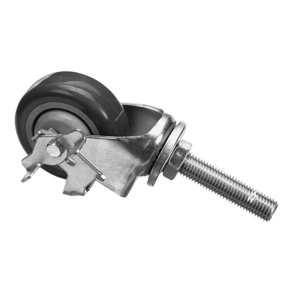A black metal swivel caster with a rubber wheel and metal bolt.