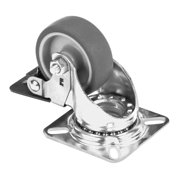 A silver metal swivel caster with a black rubber wheel.