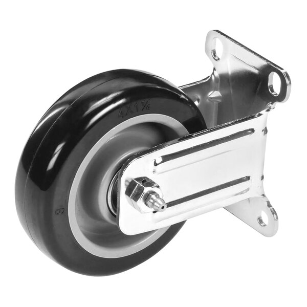 A Hatco 4" rigid caster with a black rubber tire and chrome finish.