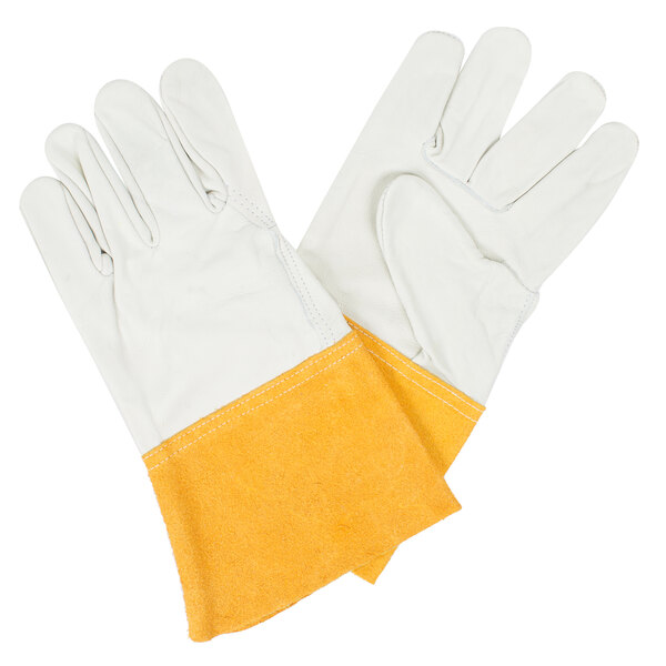 A pair of white Cordova leather gloves with yellow cuffs.