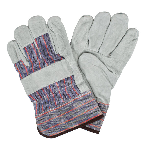 Cordova warehouse gloves with striped canvas and leather palms with rubber cuffs.