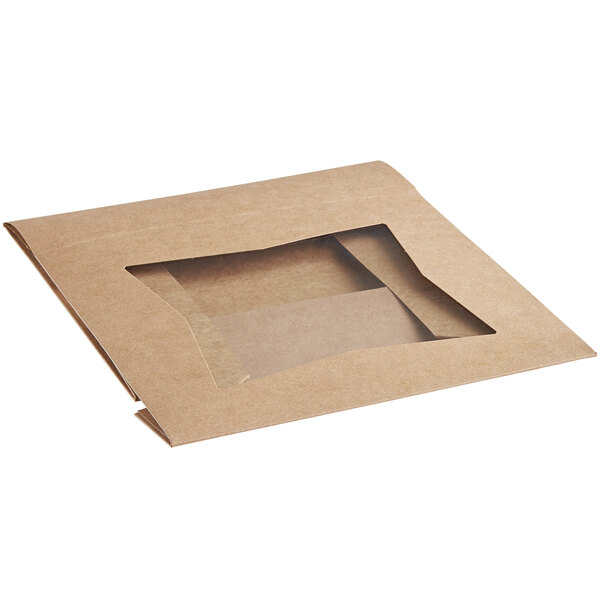 A kraft paper bakery box with a clear window on top, designed for packaging pies or baked goods.