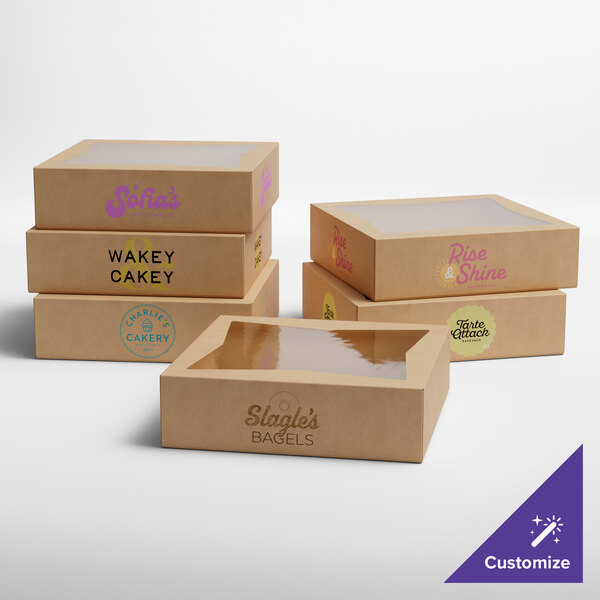 A set of customizable kraft bakery boxes with clear window lids, designed for packaging pies or baked goods.