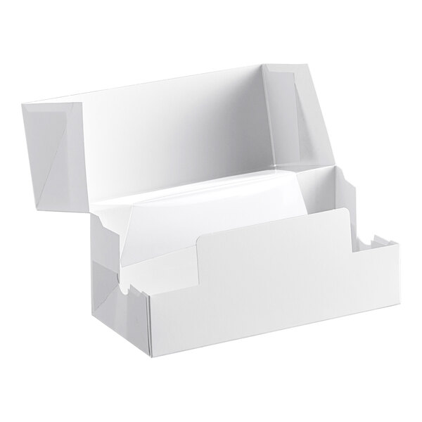 A white, rectangular, auto-popup bakery box with an open lid, designed for packaging donuts or baked goods.
