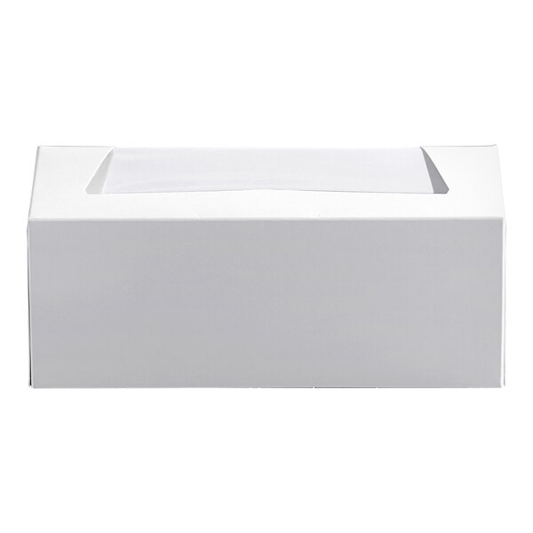 A white rectangular bakery box with a clear window on top.