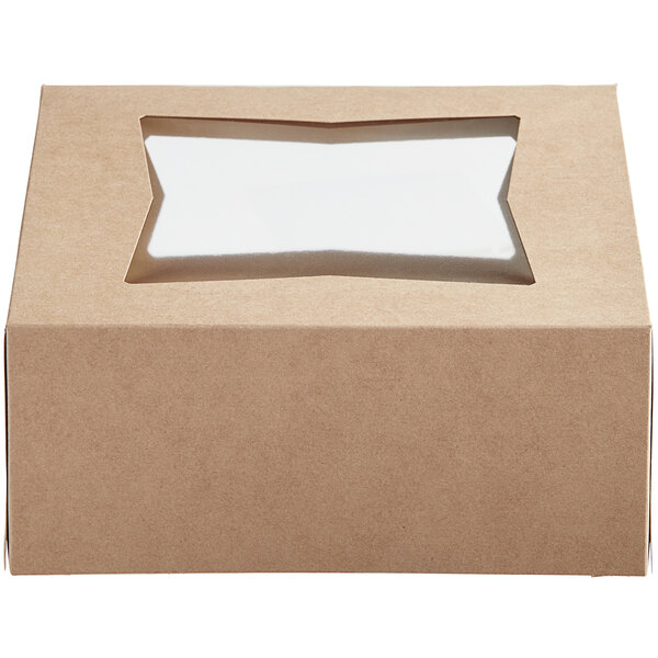 A brown Baker's Mark bakery box with a cut out window.