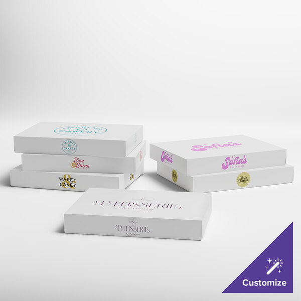 A stack of white Baker's Lane donut boxes with different logos.