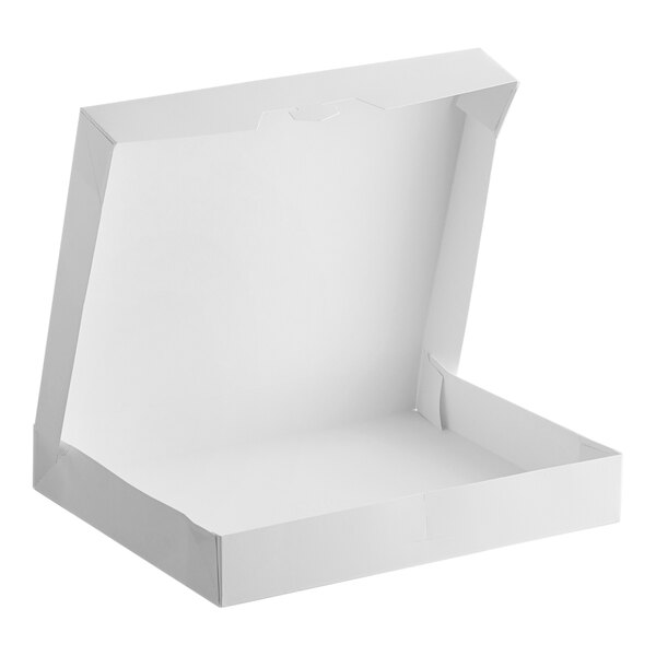 A plain white, open, rectangular bakery box designed for donuts or baked goods.