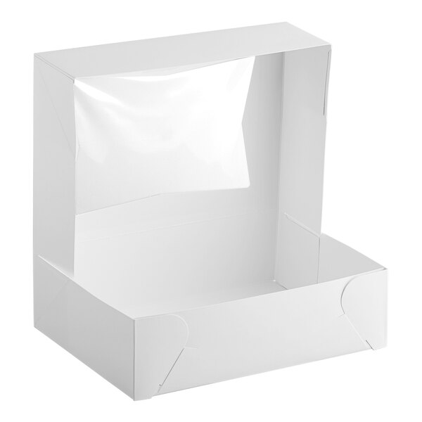 A white quarter sheet bakery box with a clear window on the lid, designed for cakes or baked goods.