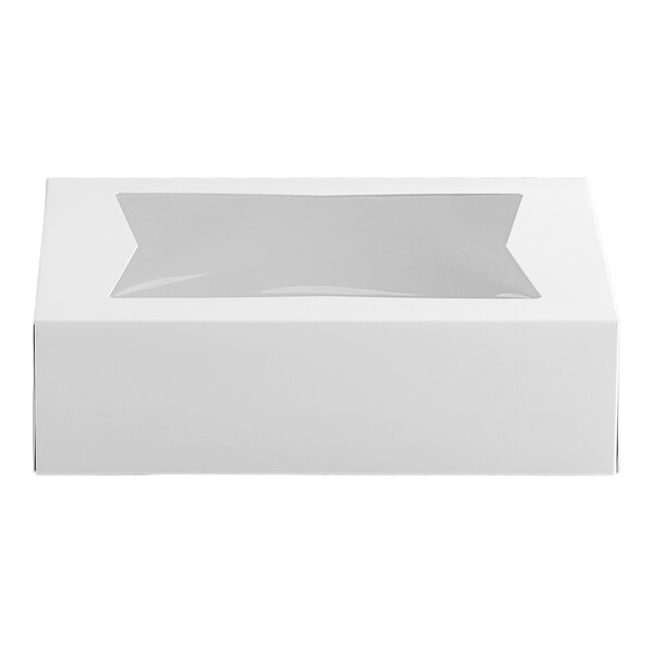 A white rectangular bakery box with a clear window on top.