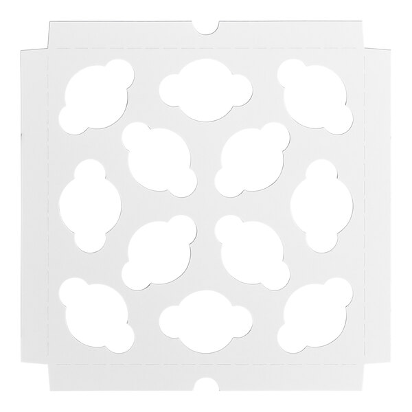 A white cardboard insert designed to hold 12 mini cupcakes or muffins in a 9 x 9 inch box.