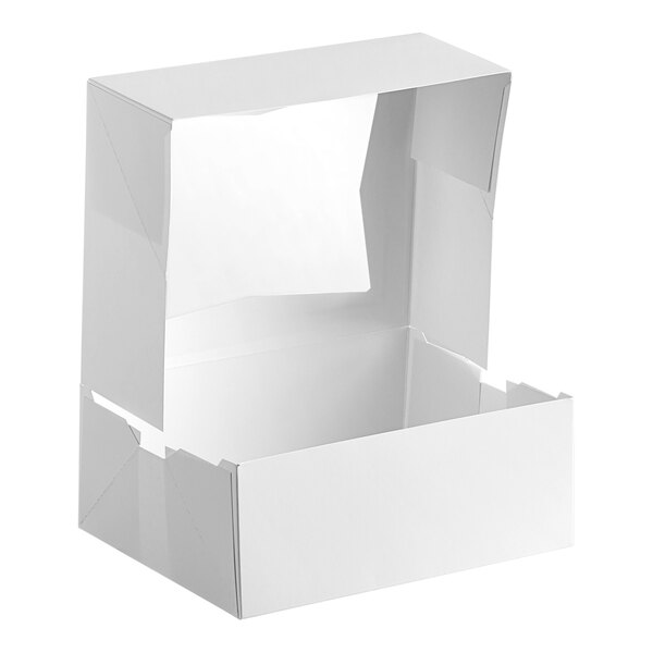 A white auto-popup bakery box with a clear window on the lid, designed for cakes, donuts, or pastries.