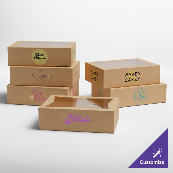 A set of customizable kraft bakery boxes with clear window tops, designed for cakes or pastries.
