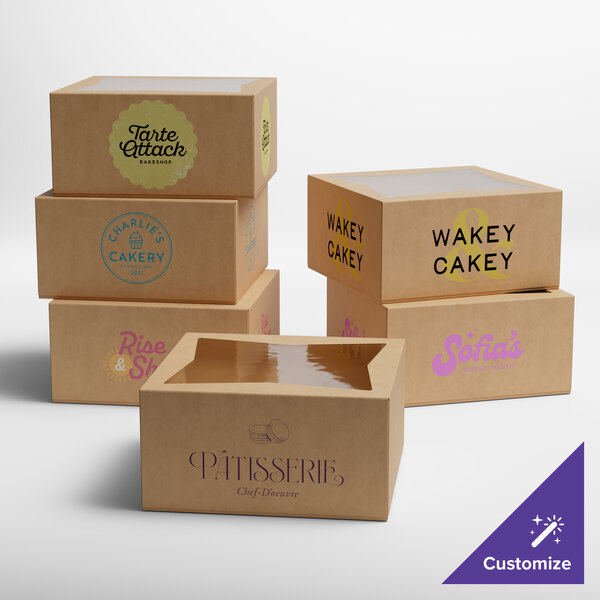 A group of customizable kraft bakery boxes with clear window tops, each featuring different bakery logos and designs.