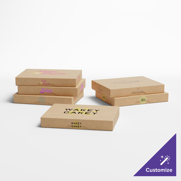 A group of Baker's Lane kraft bakery boxes with text on them.