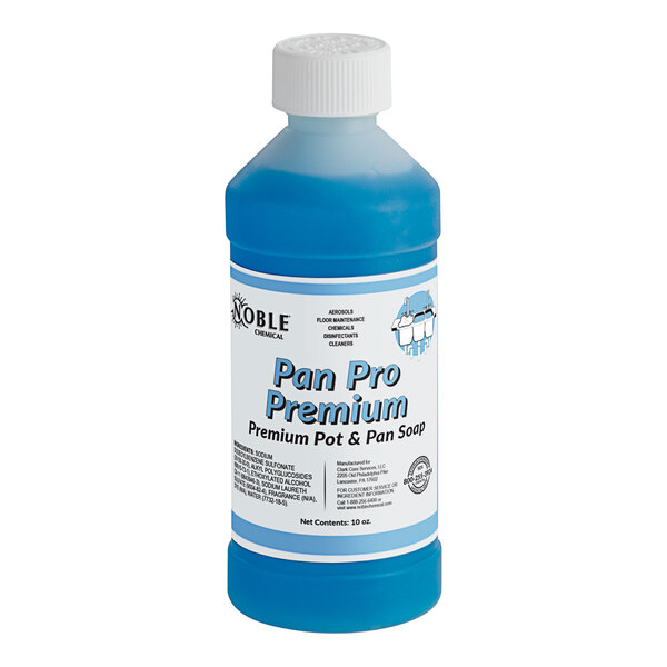 A blue plastic bottle of Noble Chemical PRM Pan Pro premium concentrated pot and pan soap.